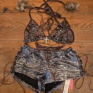 ROMWE Brown and Black Lace-Up Bikini Set
